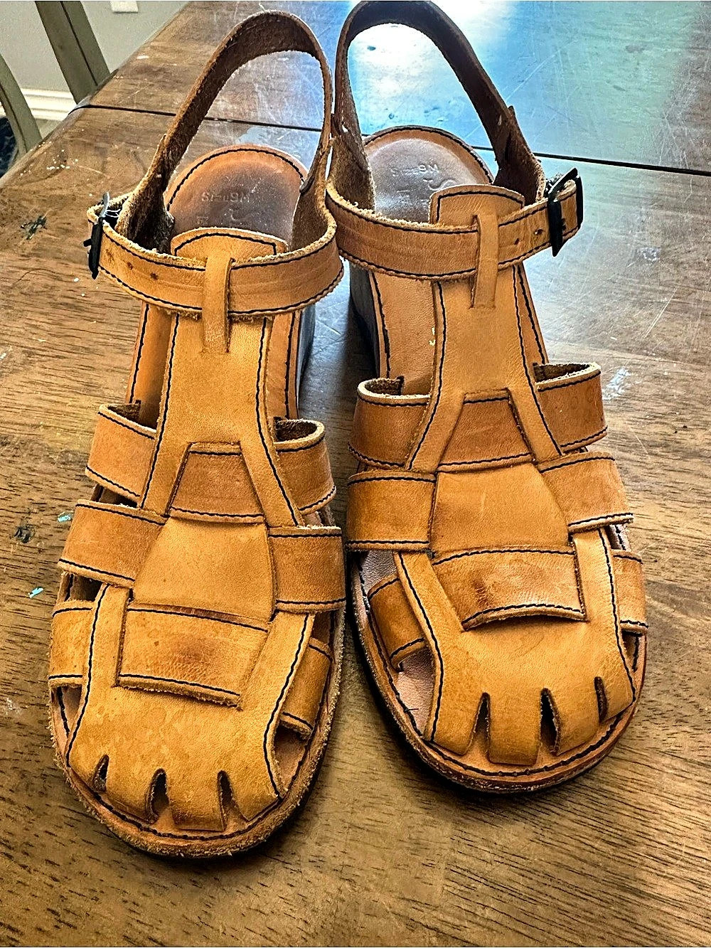 Vintage Women's Woven Tan Leather Wedge Sandal. Fisherman - Huarache Style.